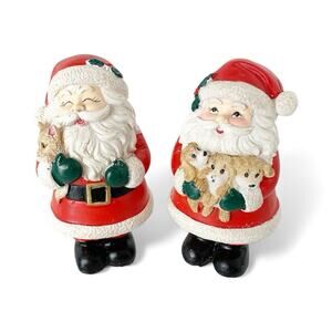Vtg Santa Claus Holding Puppies Dogs & Cat Resin Figurine Set of 2 Christmas